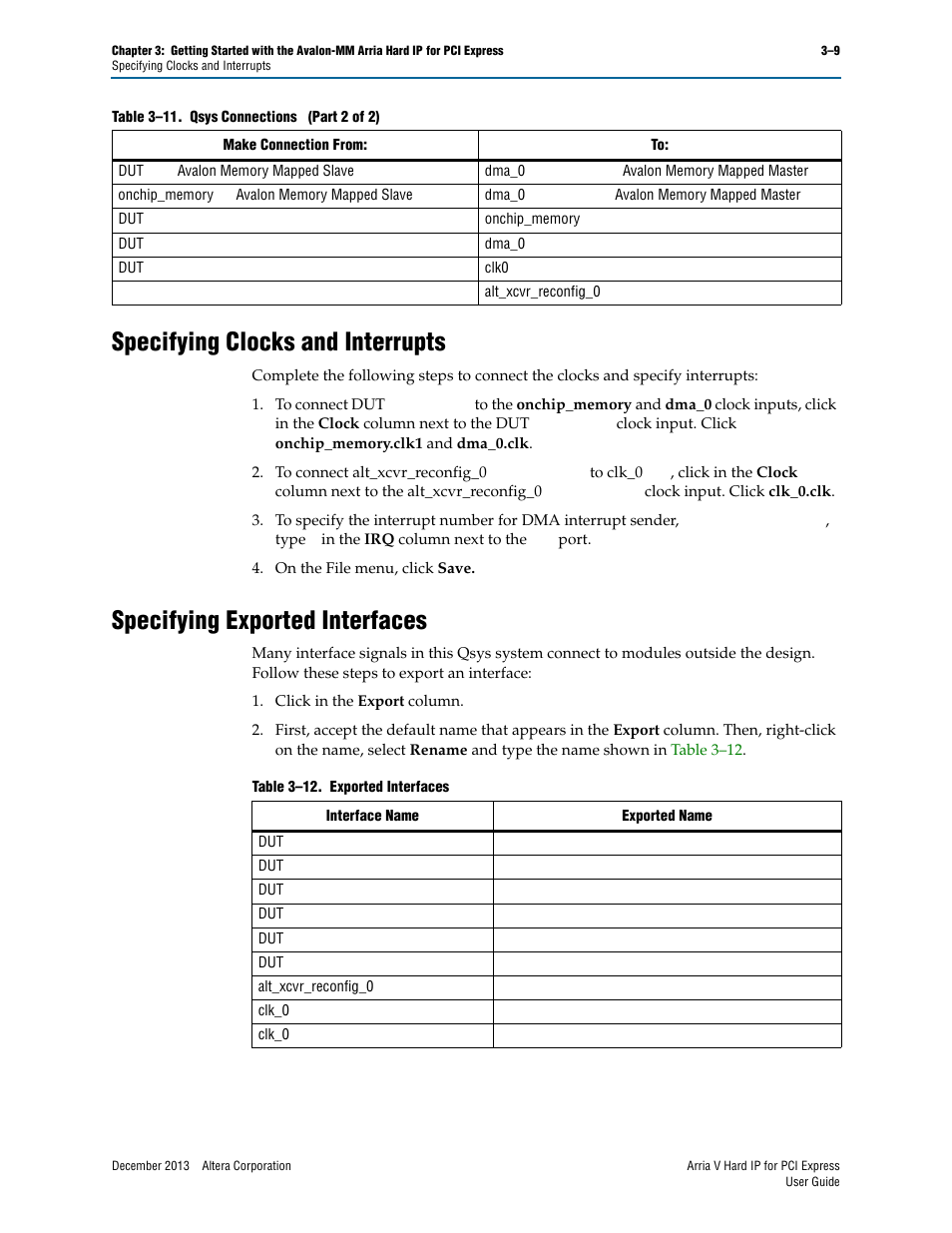 Specifying clocks and interrupts, Specifying exported interfaces | Altera Arria V Hard IP for PCI Express User Manual | Page 43 / 288