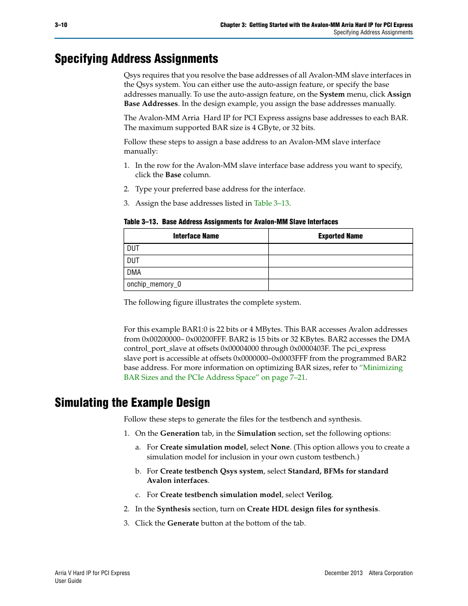 Specifying address assignments, Simulating the example design | Altera Arria V Hard IP for PCI Express User Manual | Page 44 / 288