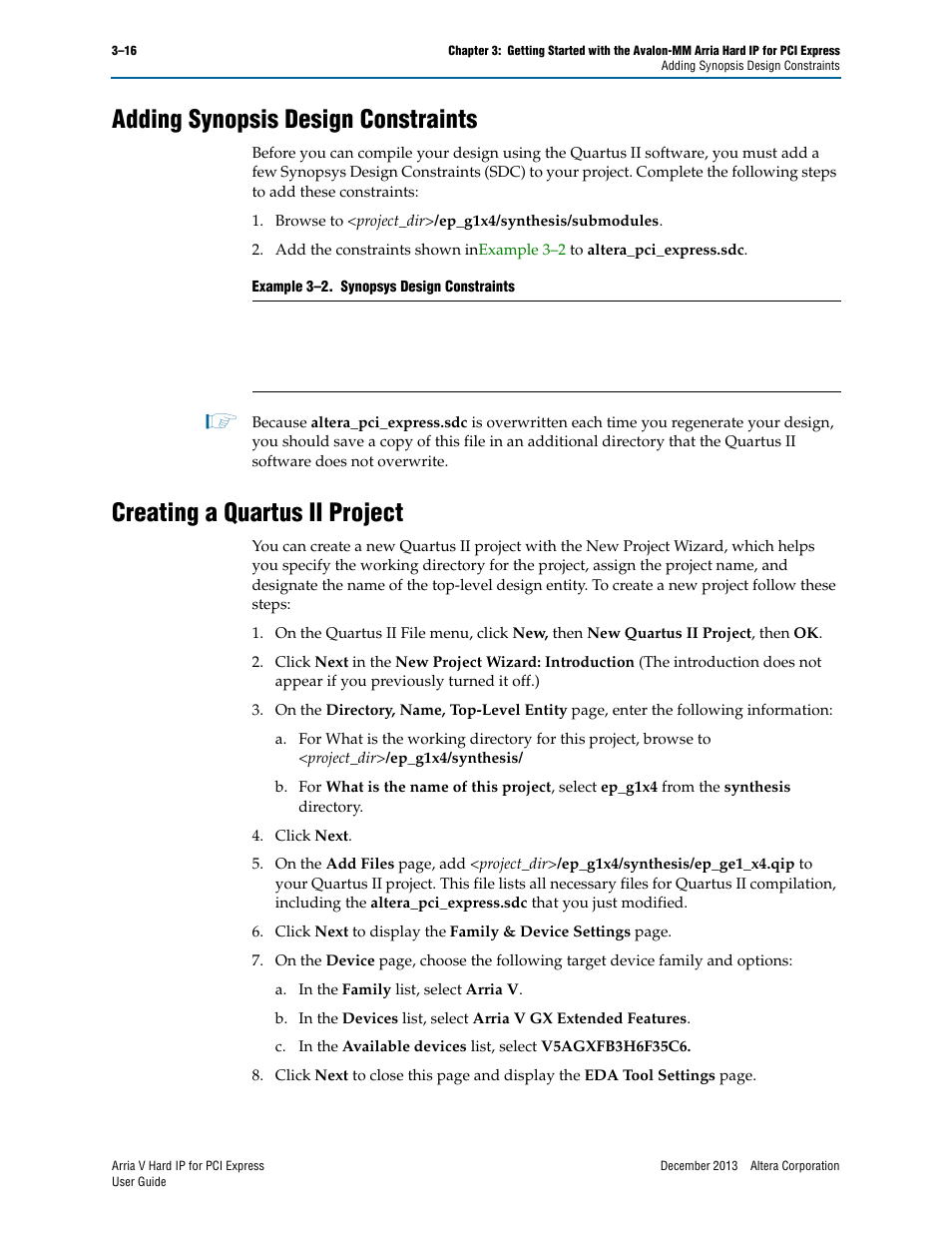 Adding synopsis design constraints, Creating a quartus ii project | Altera Arria V Hard IP for PCI Express User Manual | Page 50 / 288