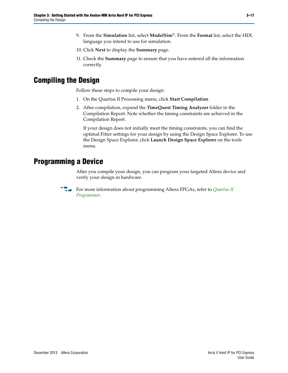 Compiling the design, Programming a device, Compiling the design –17 programming a device –17 | Altera Arria V Hard IP for PCI Express User Manual | Page 51 / 288