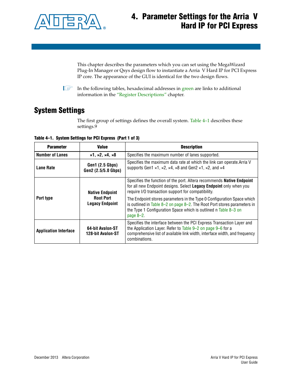 System settings, System settings –1 | Altera Arria V Hard IP for PCI Express User Manual | Page 53 / 288