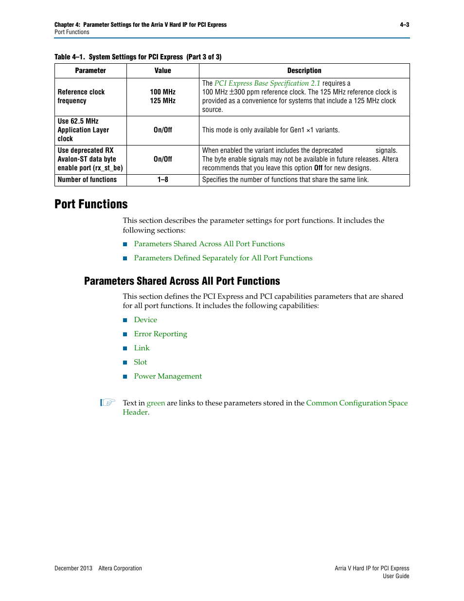 Port functions, Parameters shared across all port functions, Port functions –3 | Parameters shared across all port functions –3 | Altera Arria V Hard IP for PCI Express User Manual | Page 55 / 288