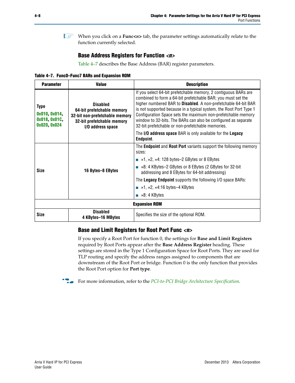 Base address registers for function <n, Base and limit registers for root port func <n, Base address registers for function | Base and limit registers for root port func | Altera Arria V Hard IP for PCI Express User Manual | Page 60 / 288