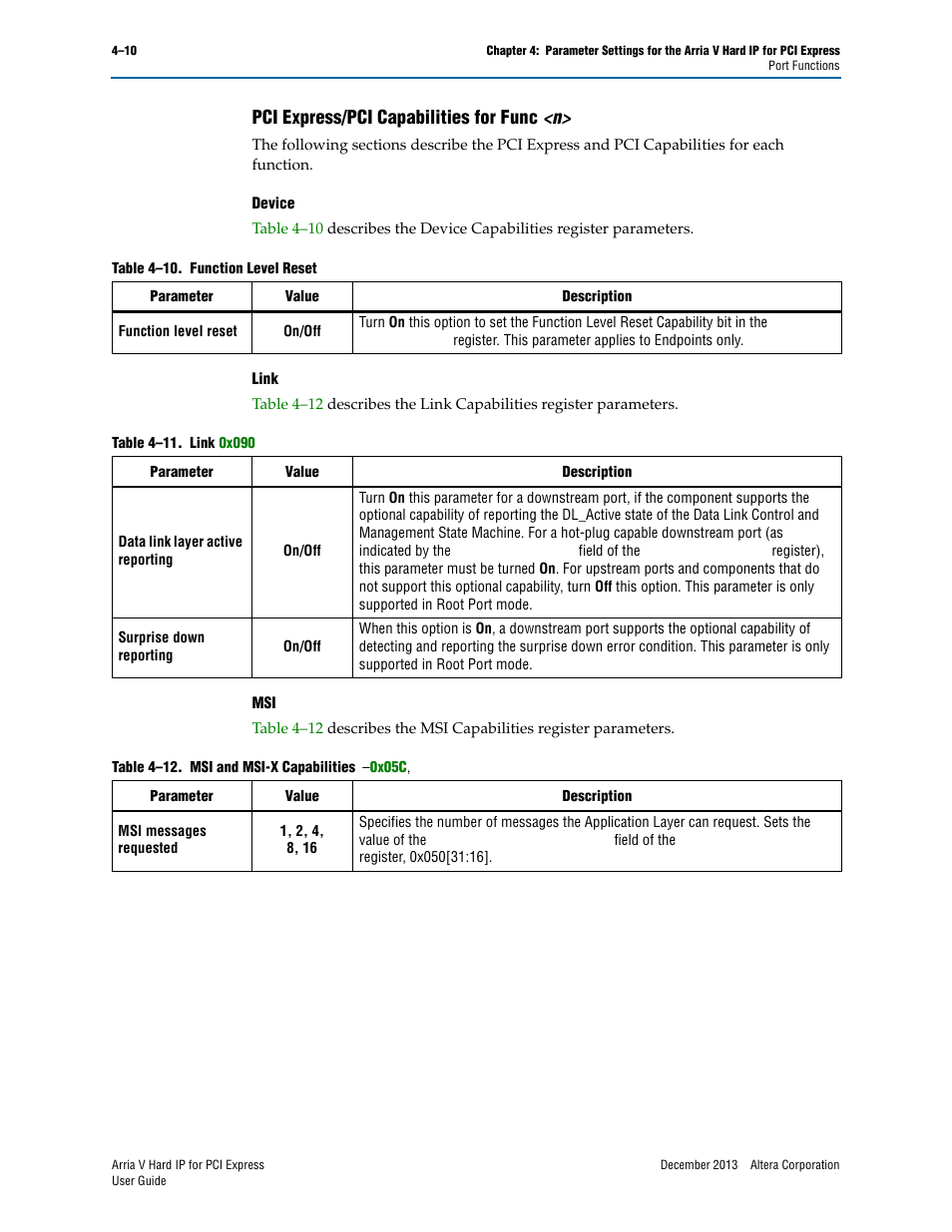 Pci express/pci capabilities for func <n, Pci express/pci capabilities for func | Altera Arria V Hard IP for PCI Express User Manual | Page 62 / 288