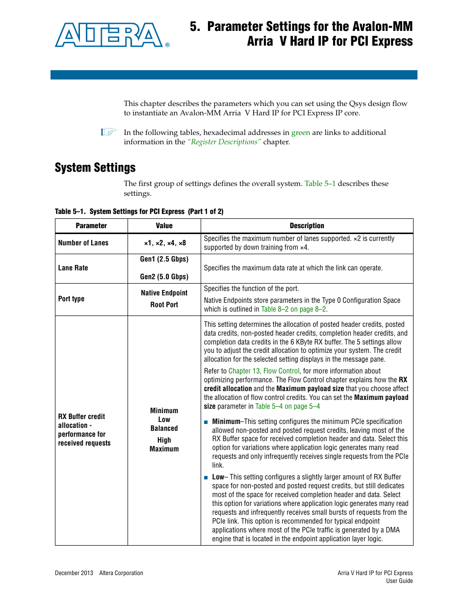 System settings, System settings –1 | Altera Arria V Hard IP for PCI Express User Manual | Page 65 / 288