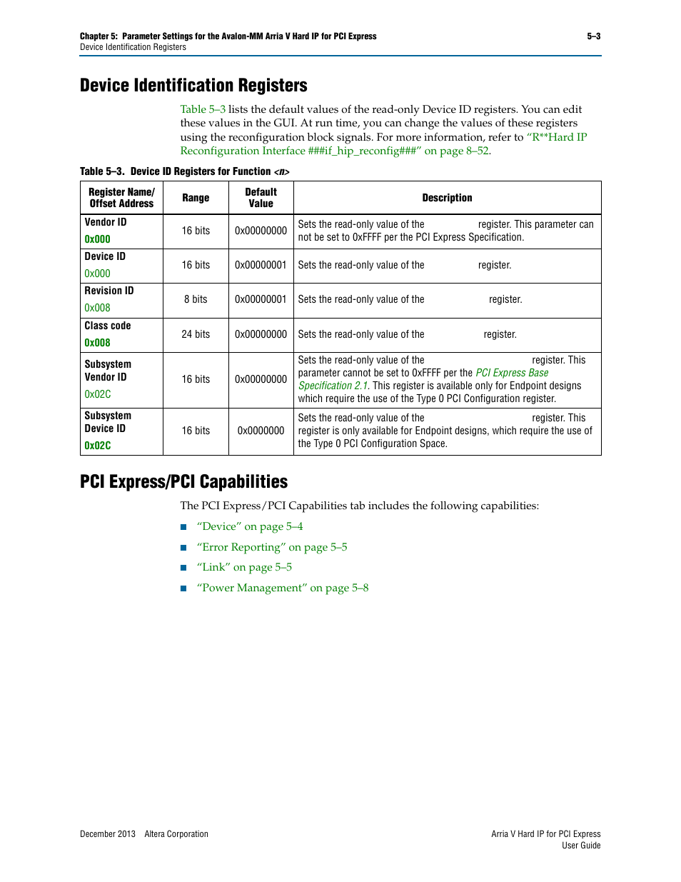 Device identification registers, Pci express/pci capabilities | Altera Arria V Hard IP for PCI Express User Manual | Page 67 / 288