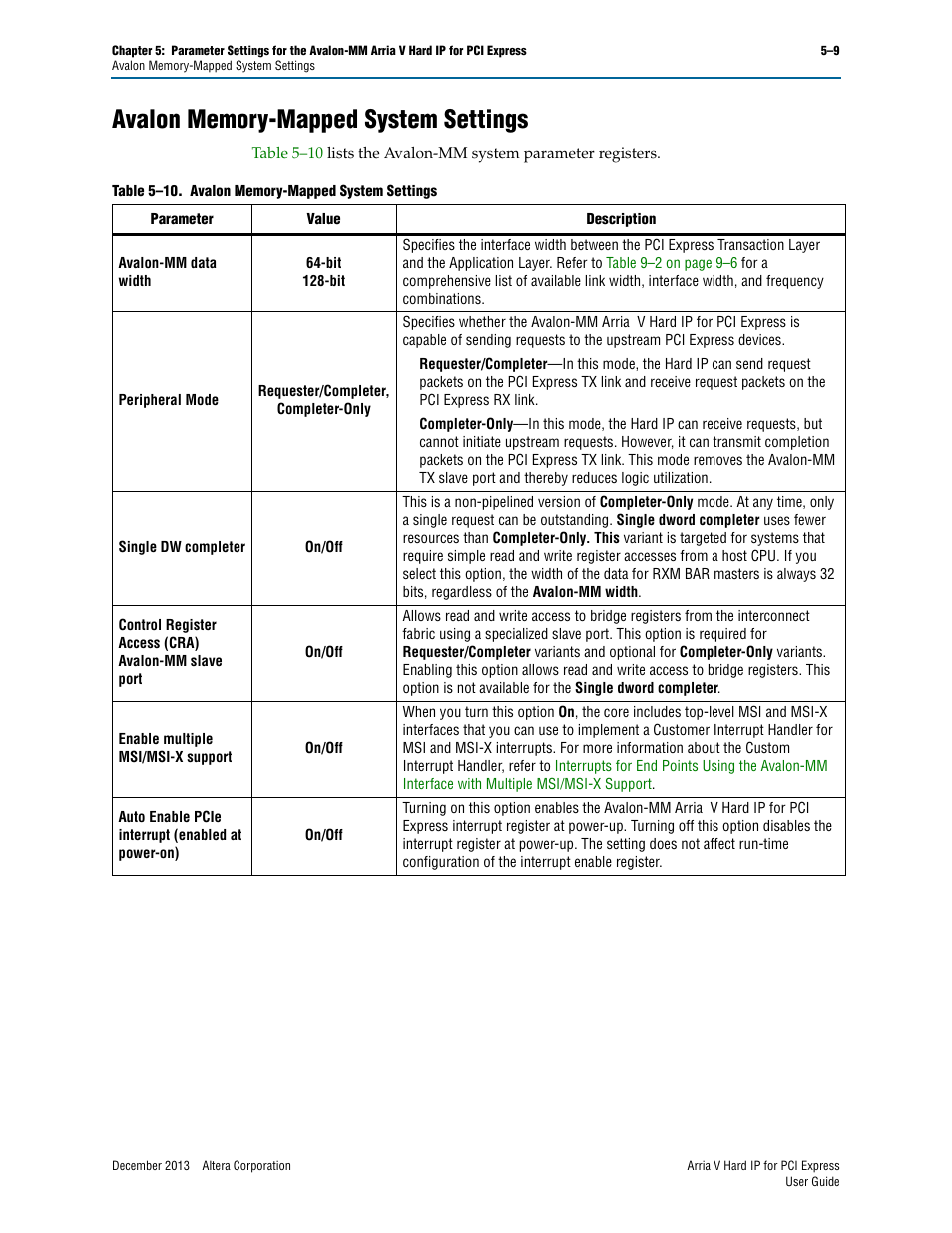 Avalon memory-mapped system settings, Avalon memory-mapped system settings –9 | Altera Arria V Hard IP for PCI Express User Manual | Page 73 / 288