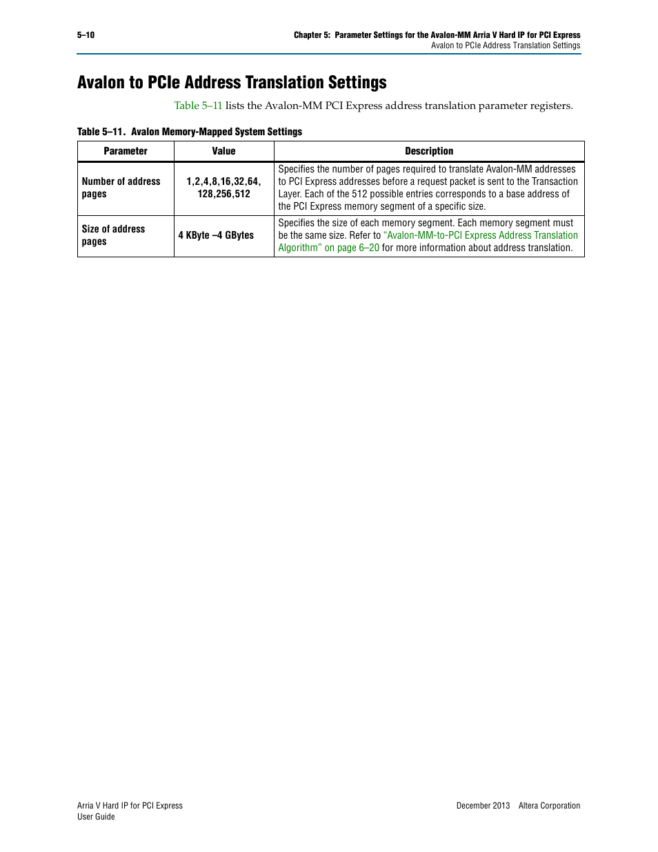 Avalon to pcie address translation settings, Avalon to pcie address translation settings –10 | Altera Arria V Hard IP for PCI Express User Manual | Page 74 / 288