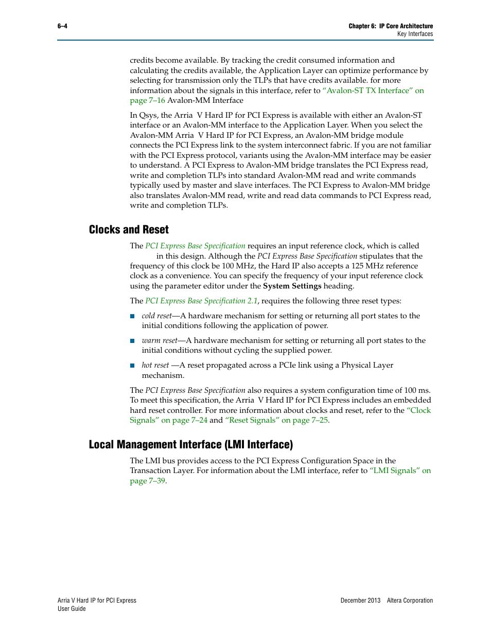 Clocks and reset, Local management interface (lmi interface) | Altera Arria V Hard IP for PCI Express User Manual | Page 78 / 288