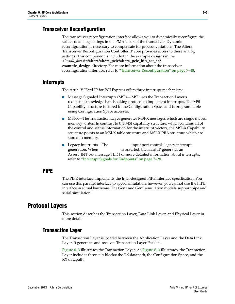 Transceiver reconfiguration, Interrupts, Pipe | Protocol layers, Transaction layer, Protocol layers –5, Transaction layer –5 | Altera Arria V Hard IP for PCI Express User Manual | Page 79 / 288