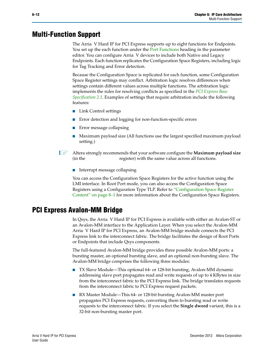 Multi-function support, Pci express avalon-mm bridge | Altera Arria V Hard IP for PCI Express User Manual | Page 86 / 288