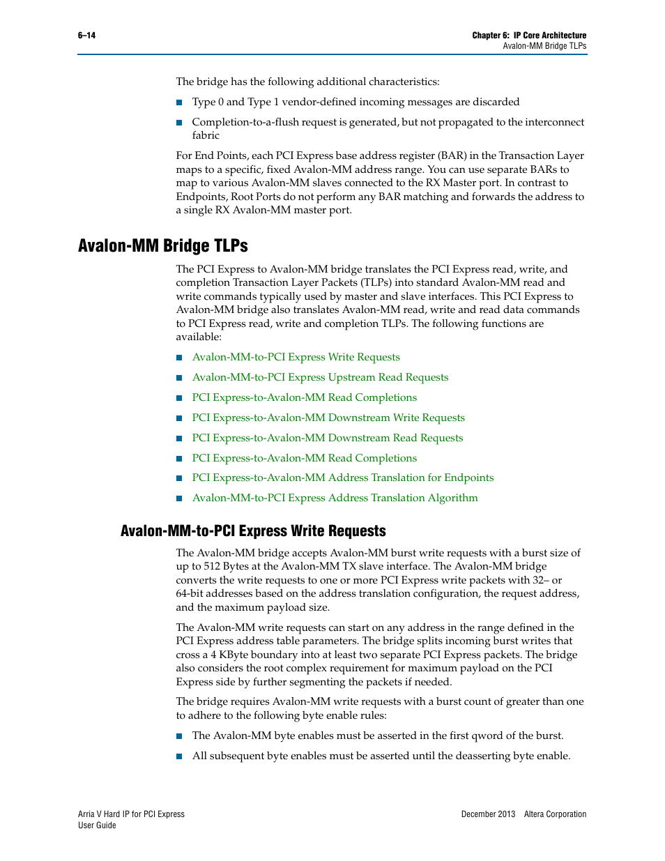 Avalon-mm bridge tlps, Avalon-mm-to-pci express write requests, Avalon-mm bridge tlps –14 | Avalon-mm-to-pci express write requests –14 | Altera Arria V Hard IP for PCI Express User Manual | Page 88 / 288