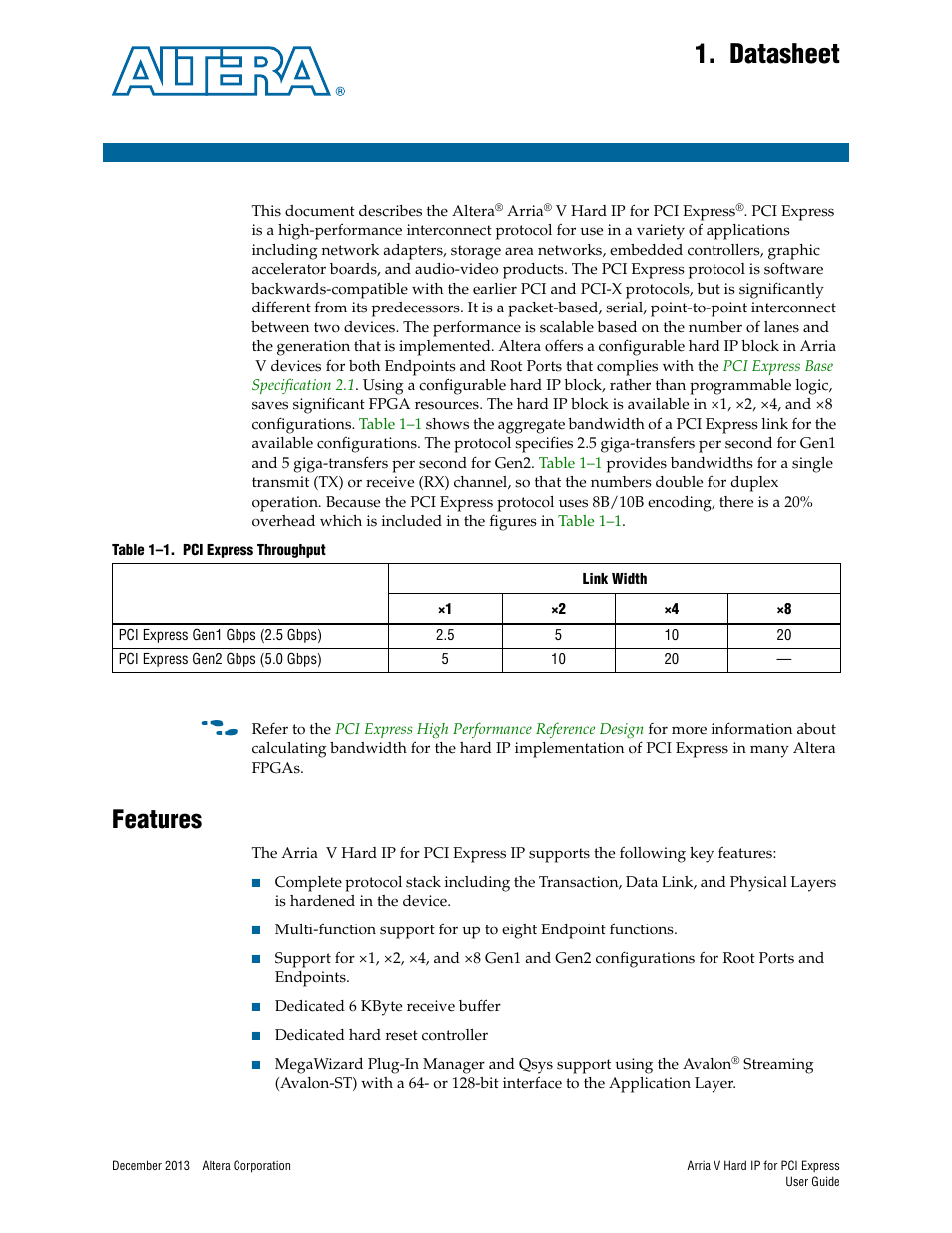 Datasheet, Features, Chapter 1. datasheet | Features –1 | Altera Arria V Hard IP for PCI Express User Manual | Page 9 / 288