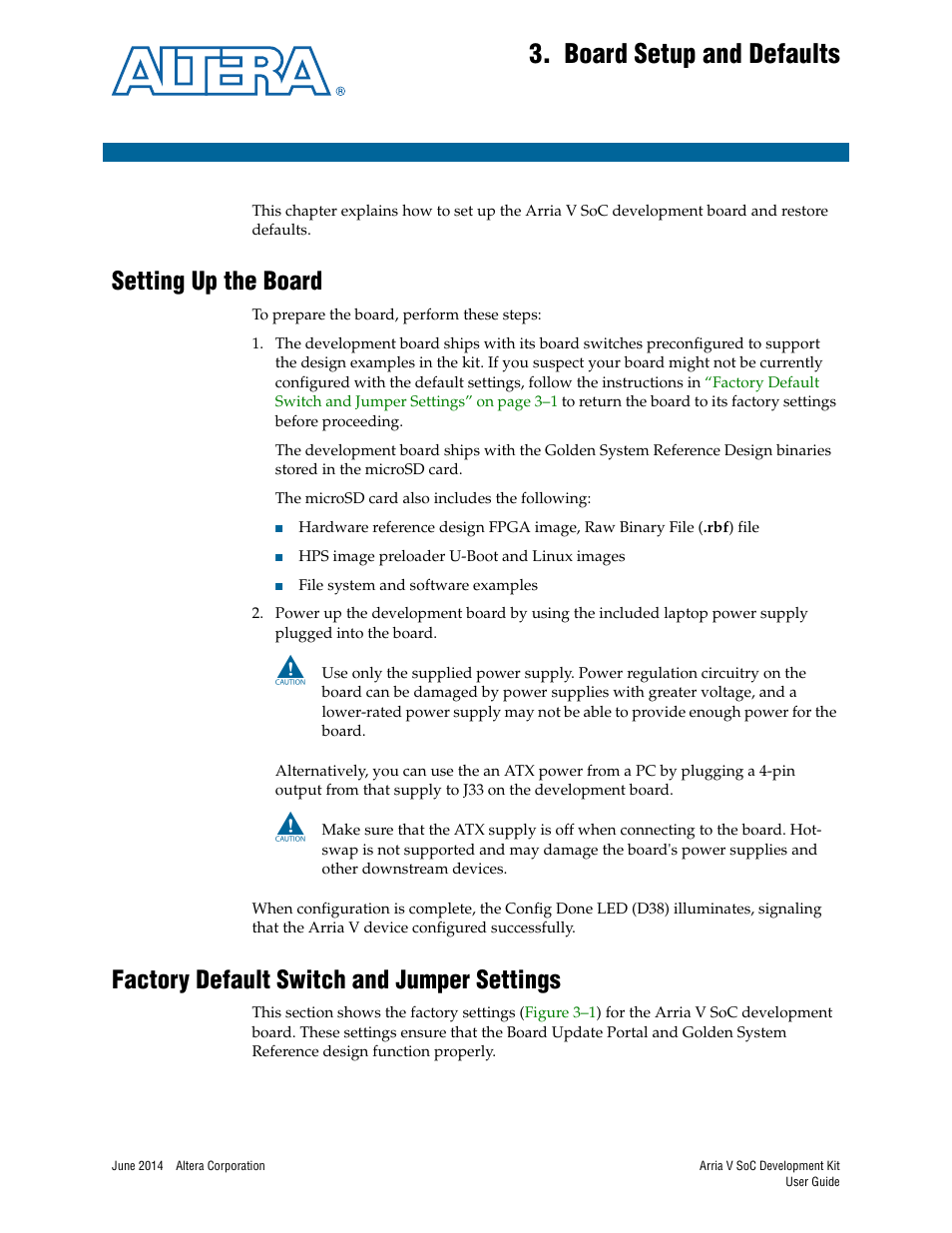 Board setup and defaults, Setting up the board, Factory default switch and jumper settings | Chapter 3. board setup and defaults | Altera Arria V SoC User Manual | Page 11 / 46