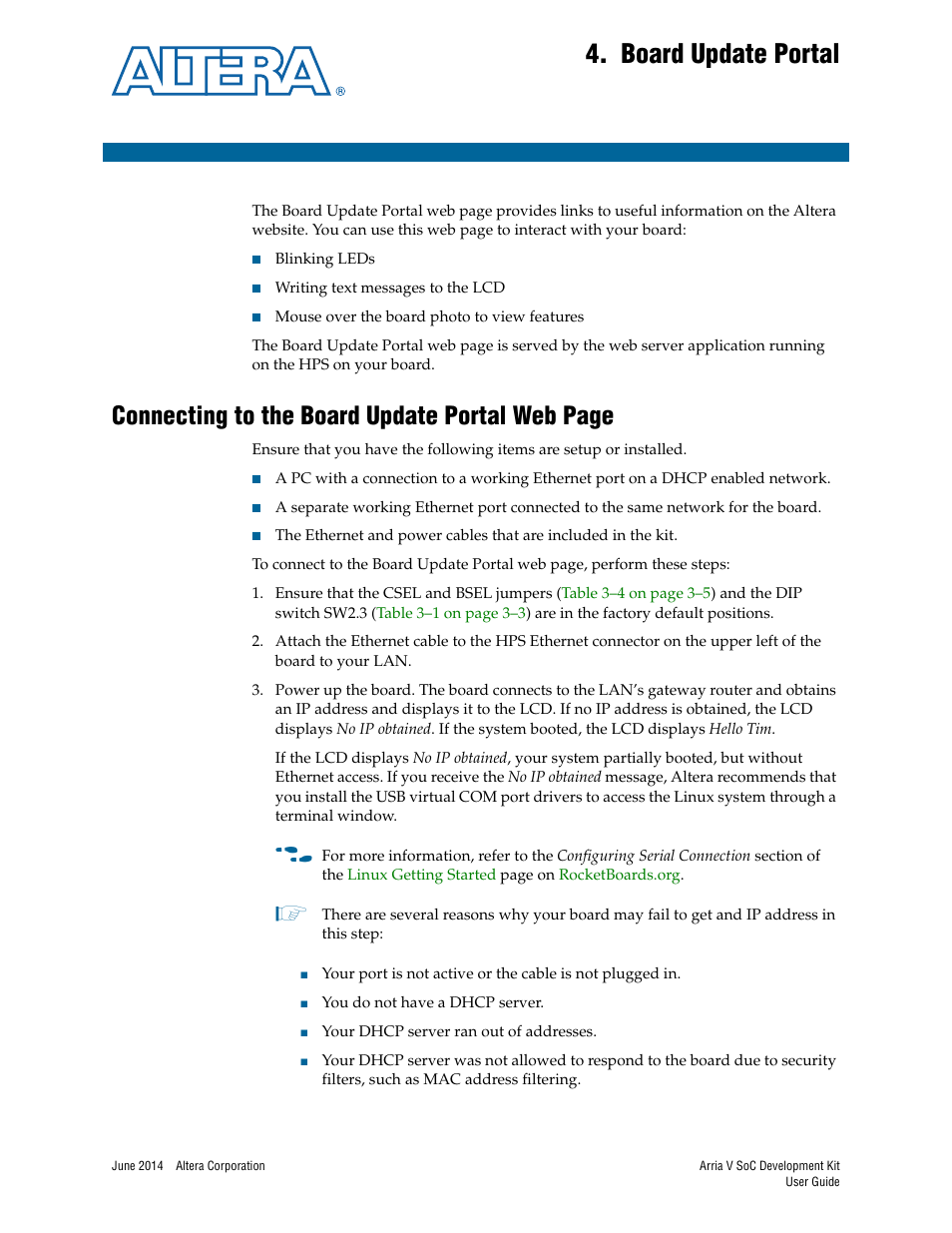 Board update portal, Chapter 4. board update portal, Connecting to the board update portal web page | Altera Arria V SoC User Manual | Page 19 / 46