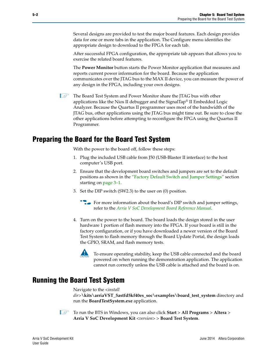 Preparing the board for the board test system, Running the board test system | Altera Arria V SoC User Manual | Page 22 / 46