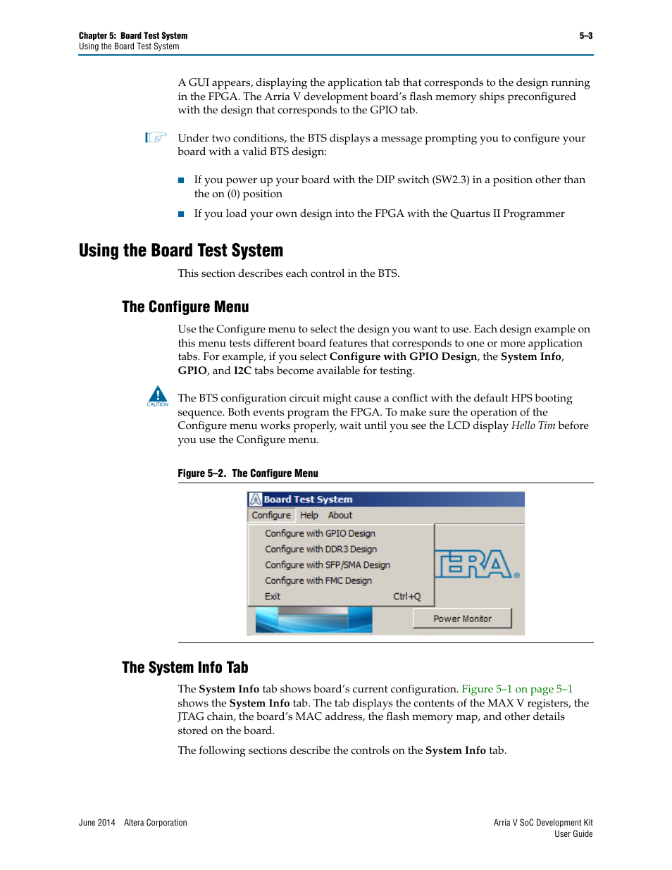 Using the board test system, The configure menu, The system info tab | Using the board test system –3, The configure menu –3 the system info tab –3 | Altera Arria V SoC User Manual | Page 23 / 46