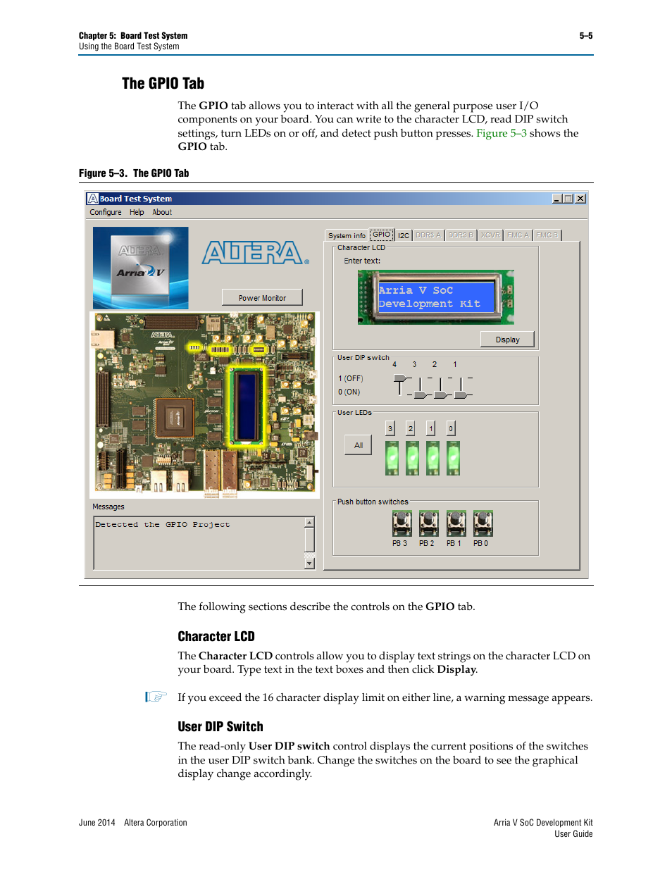 The gpio tab, Character lcd, User dip switch | The gpio tab –5, Character lcd –5 user dip switch –5 | Altera Arria V SoC User Manual | Page 25 / 46