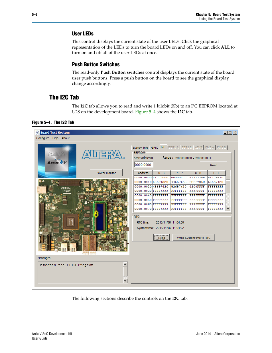 User leds, Push button switches, The i2c tab | User leds –6 push button switches –6, The i2c tab –6 | Altera Arria V SoC User Manual | Page 26 / 46
