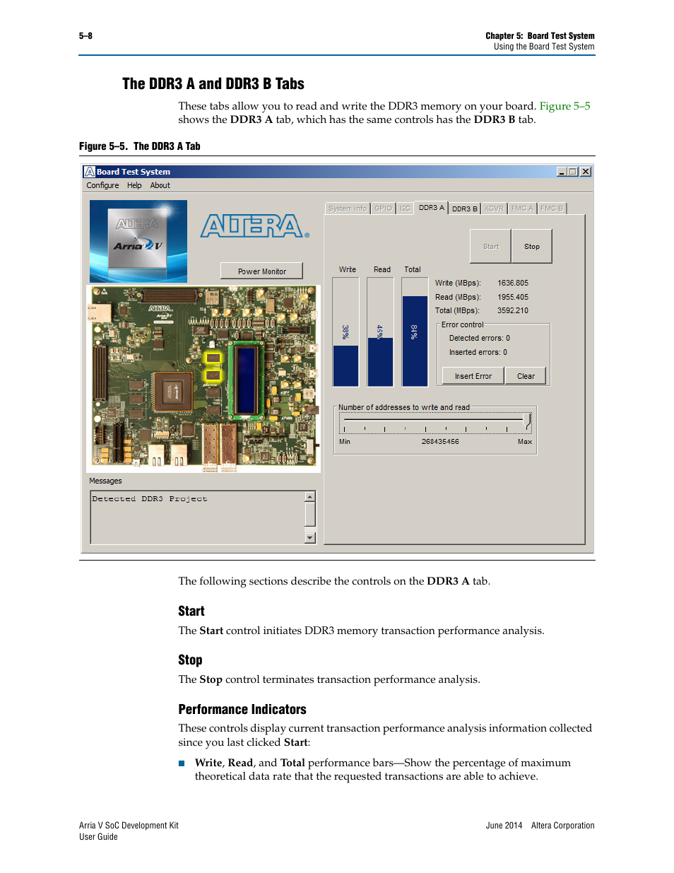 The ddr3 a and ddr3 b tabs, Start, Stop | Performance indicators, The ddr3 a and ddr3 b tabs –8, Start –8 stop –8 performance indicators –8 | Altera Arria V SoC User Manual | Page 28 / 46