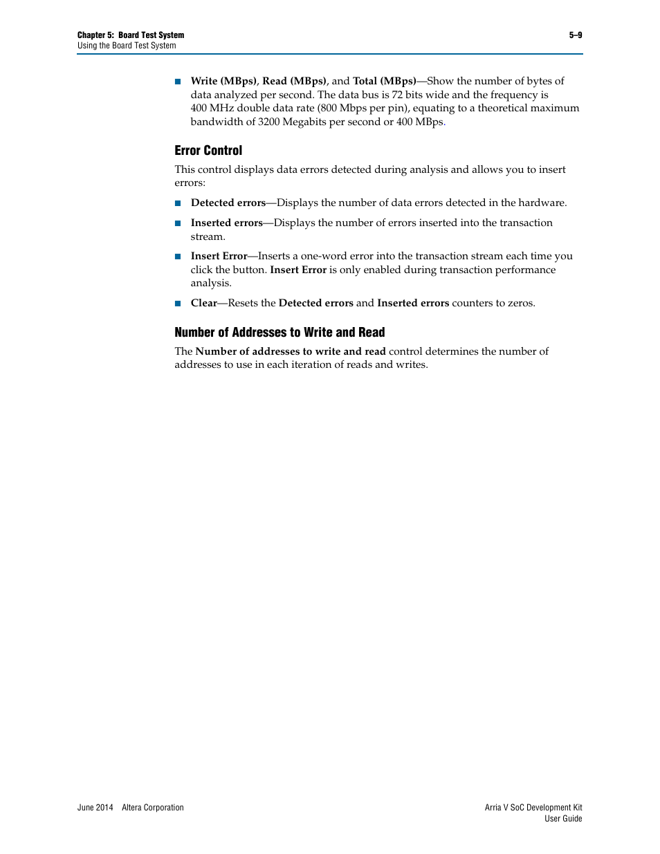 Error control, Number of addresses to write and read | Altera Arria V SoC User Manual | Page 29 / 46