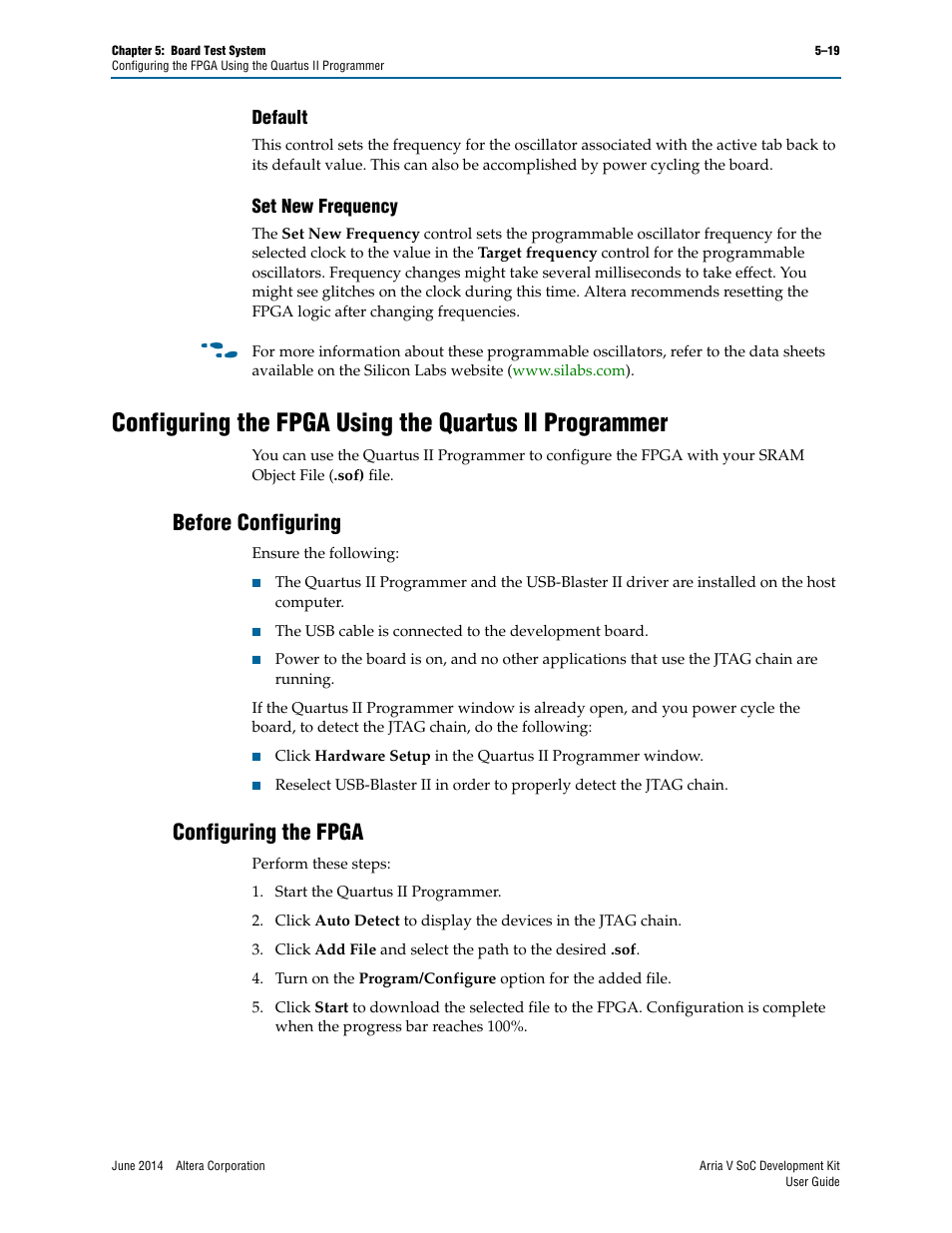 Default, Set new frequency, Before configuring | Configuring the fpga, Default –19 set new frequency –19, Before configuring –19 configuring the fpga –19 | Altera Arria V SoC User Manual | Page 39 / 46