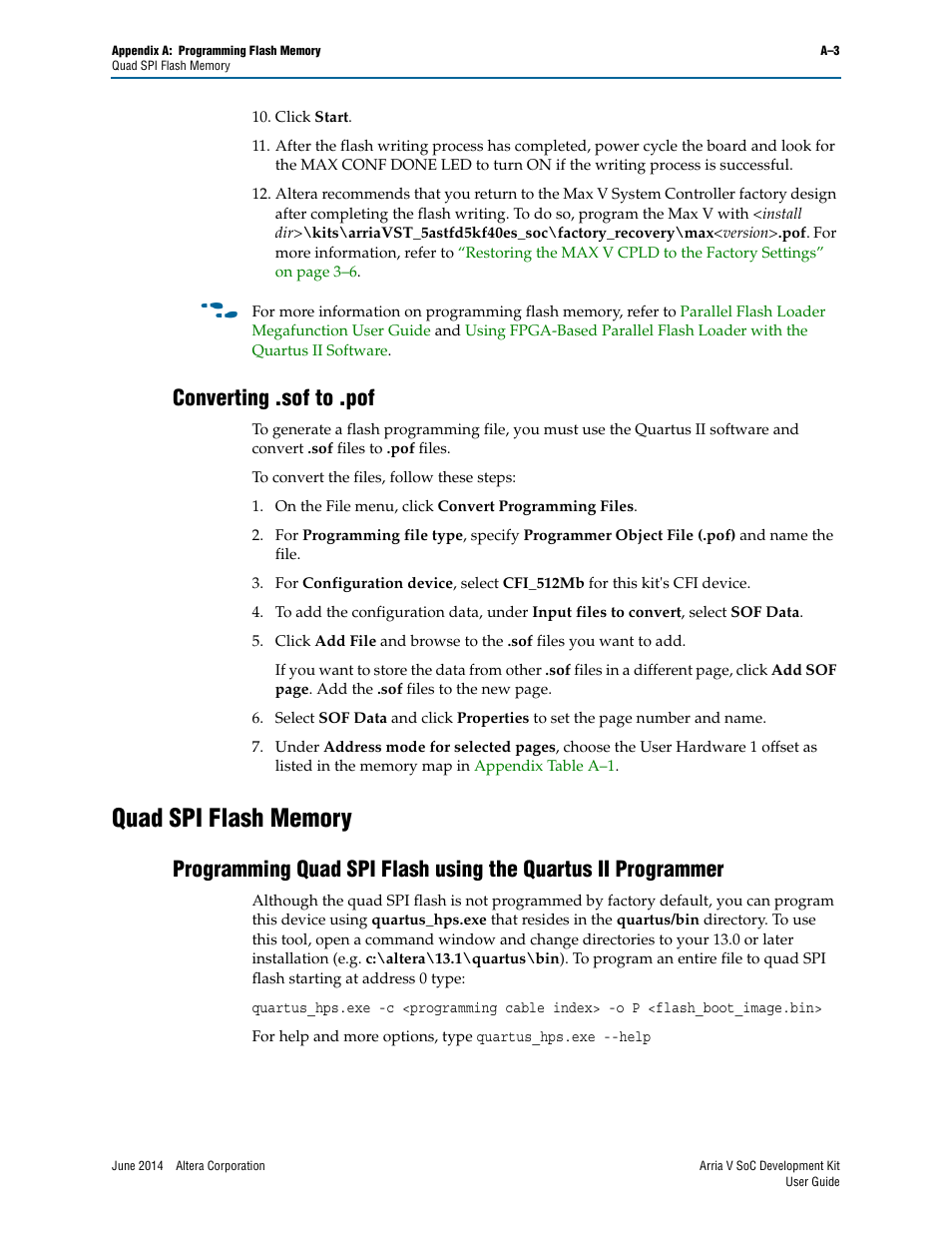 Converting .sof to .pof, Quad spi flash memory | Altera Arria V SoC User Manual | Page 43 / 46