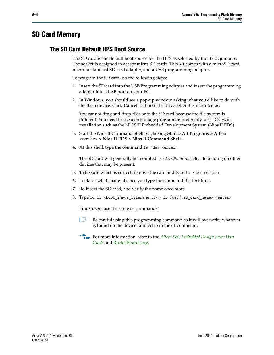 Sd card memory, The sd card default hps boot source | Altera Arria V SoC User Manual | Page 44 / 46