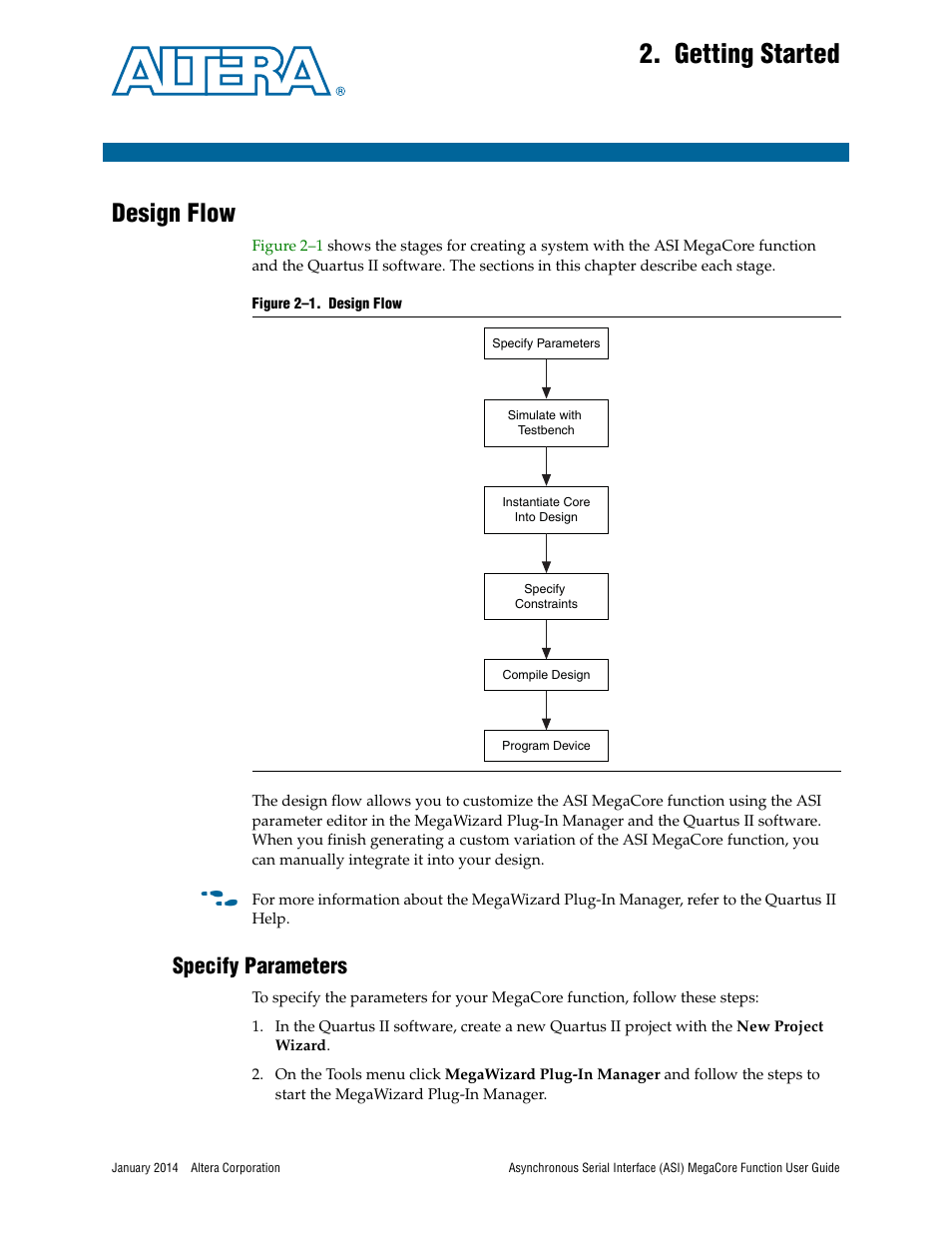 Getting started, Design flow, Specify parameters | Chapter 2. getting started, Design flow –1, Specify parameters –1 | Altera ASI MegaCore Function User Manual | Page 10 / 27