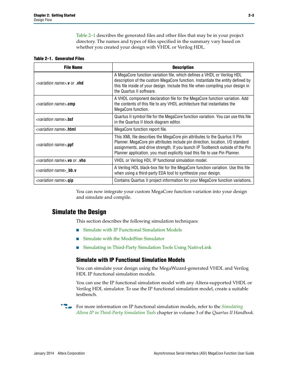 Simulate the design, Simulate with ip functional simulation models, Simulate the design –3 | Simulate with ip functional simulation models –3 | Altera ASI MegaCore Function User Manual | Page 12 / 27
