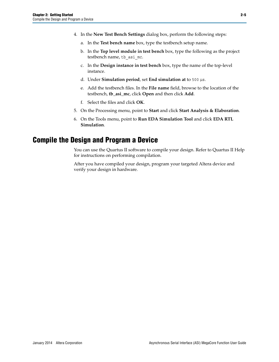 Compile the design and program a device, Compile the design and program a device –5 | Altera ASI MegaCore Function User Manual | Page 14 / 27