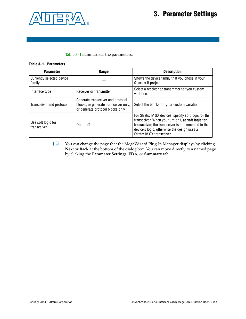 Parameter settings, Chapter 3. parameter settings | Altera ASI MegaCore Function User Manual | Page 15 / 27