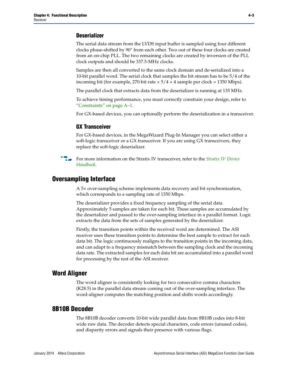 Deserializer, Gx transceiver, Oversampling interface | Word aligner, 8b10b decoder, Deserializer –3 gx transceiver –3 | Altera ASI MegaCore Function User Manual | Page 18 / 27