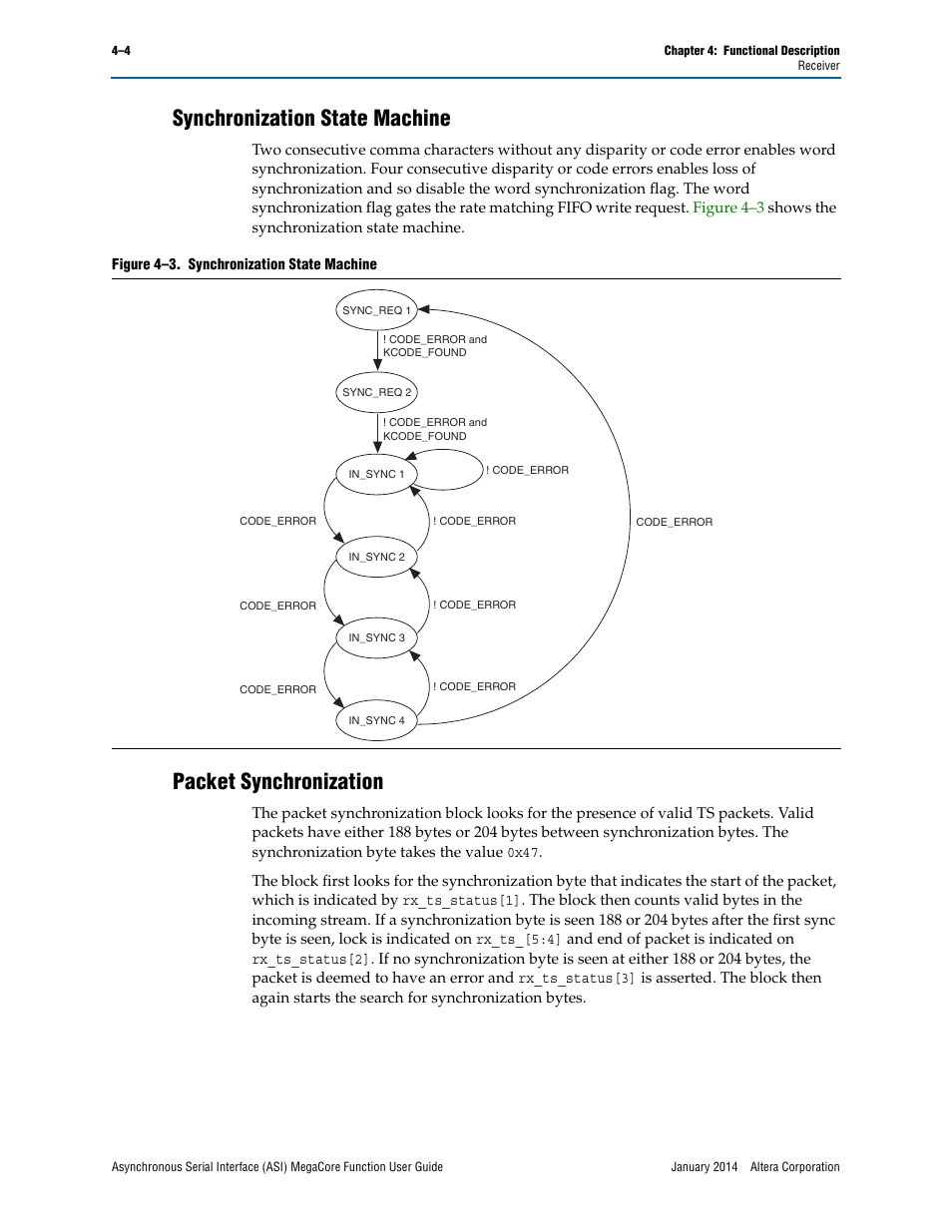 Synchronization state machine, Packet synchronization | Altera ASI MegaCore Function User Manual | Page 19 / 27