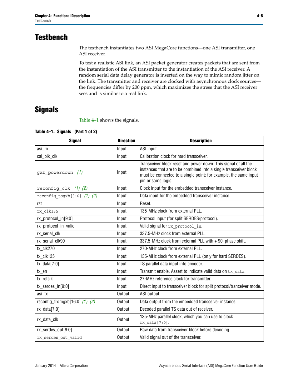Testbench, Signals, Testbench –5 signals –5 | Altera ASI MegaCore Function User Manual | Page 20 / 27