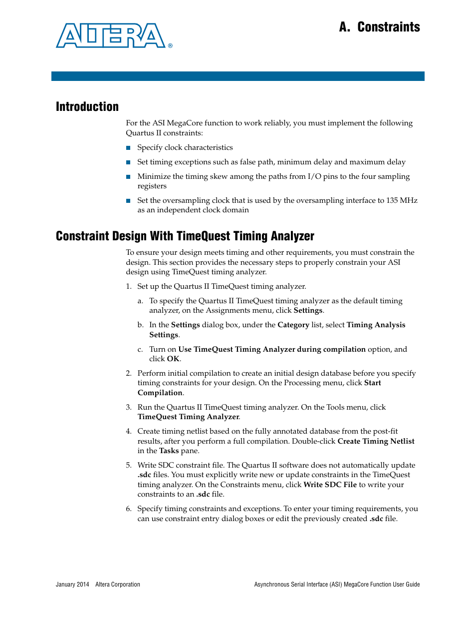 A. constraints, Introduction, Constraint design with timequest timing analyzer | Appendix a. constraints | Altera ASI MegaCore Function User Manual | Page 22 / 27