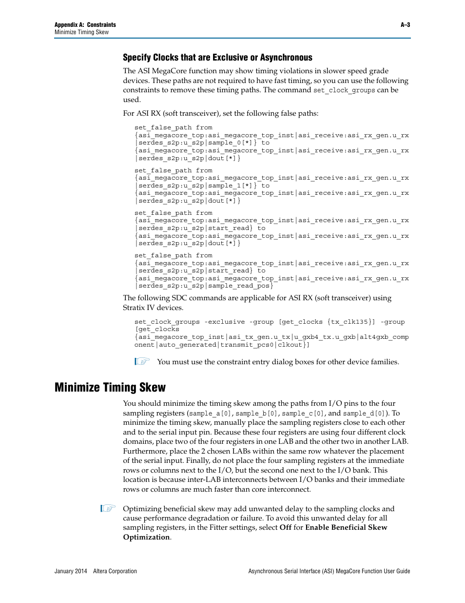 Specify clocks that are exclusive or asynchronous, Minimize timing skew | Altera ASI MegaCore Function User Manual | Page 24 / 27