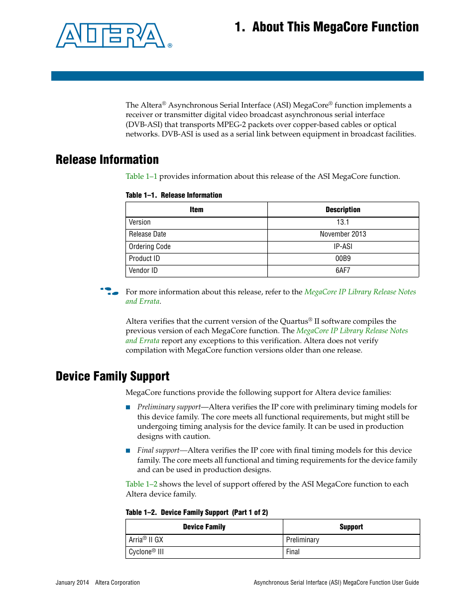 About this megacore function, Release information, Device family support | Chapter 1. about this megacore function, Release information –1 device family support –1 | Altera ASI MegaCore Function User Manual | Page 5 / 27