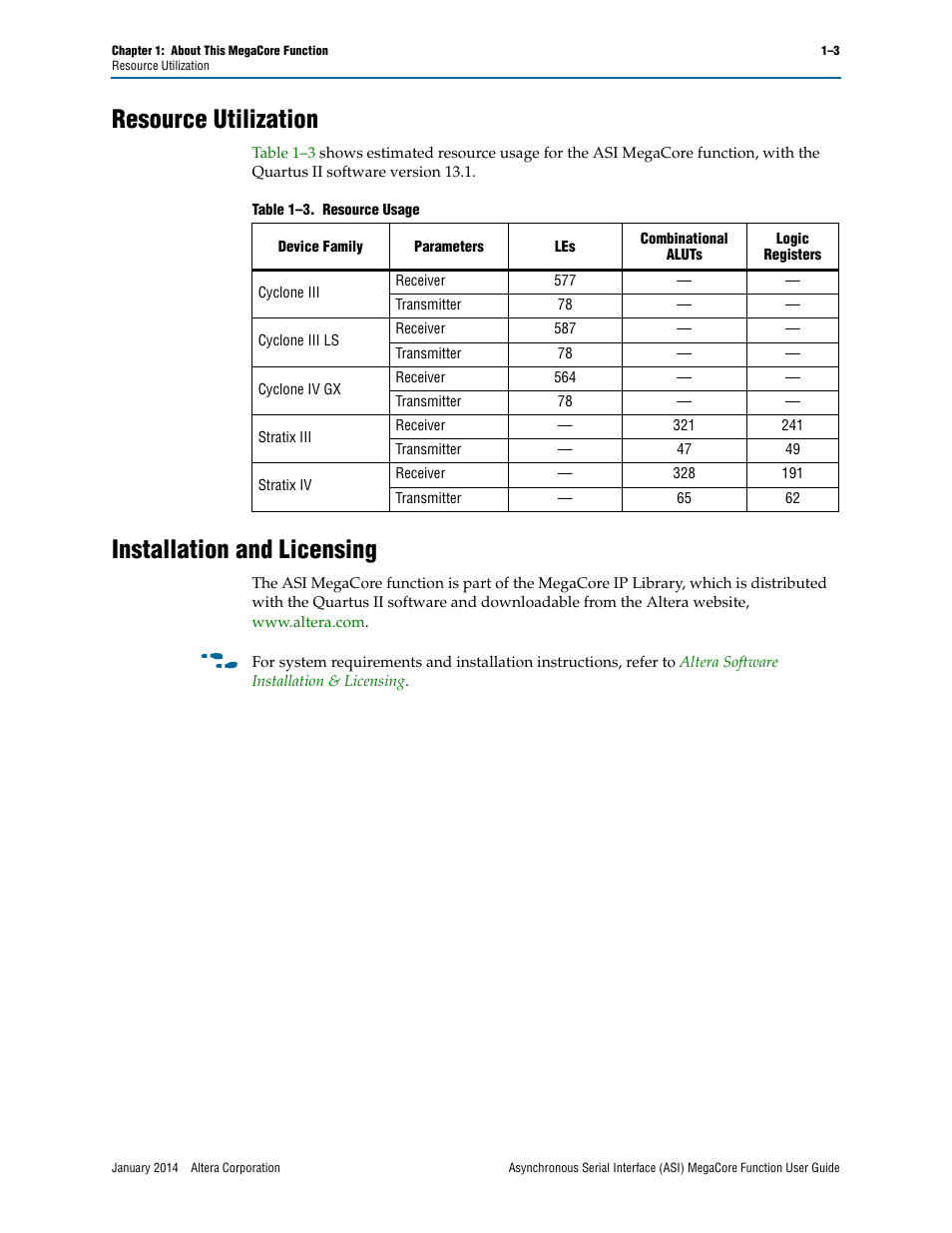 Resource utilization, Installation and licensing | Altera ASI MegaCore Function User Manual | Page 7 / 27