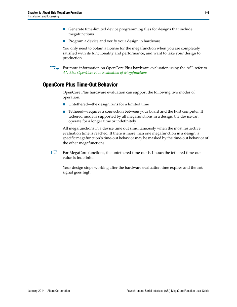 Opencore plus time-out behavior, Opencore plus time-out behavior –5 | Altera ASI MegaCore Function User Manual | Page 9 / 27