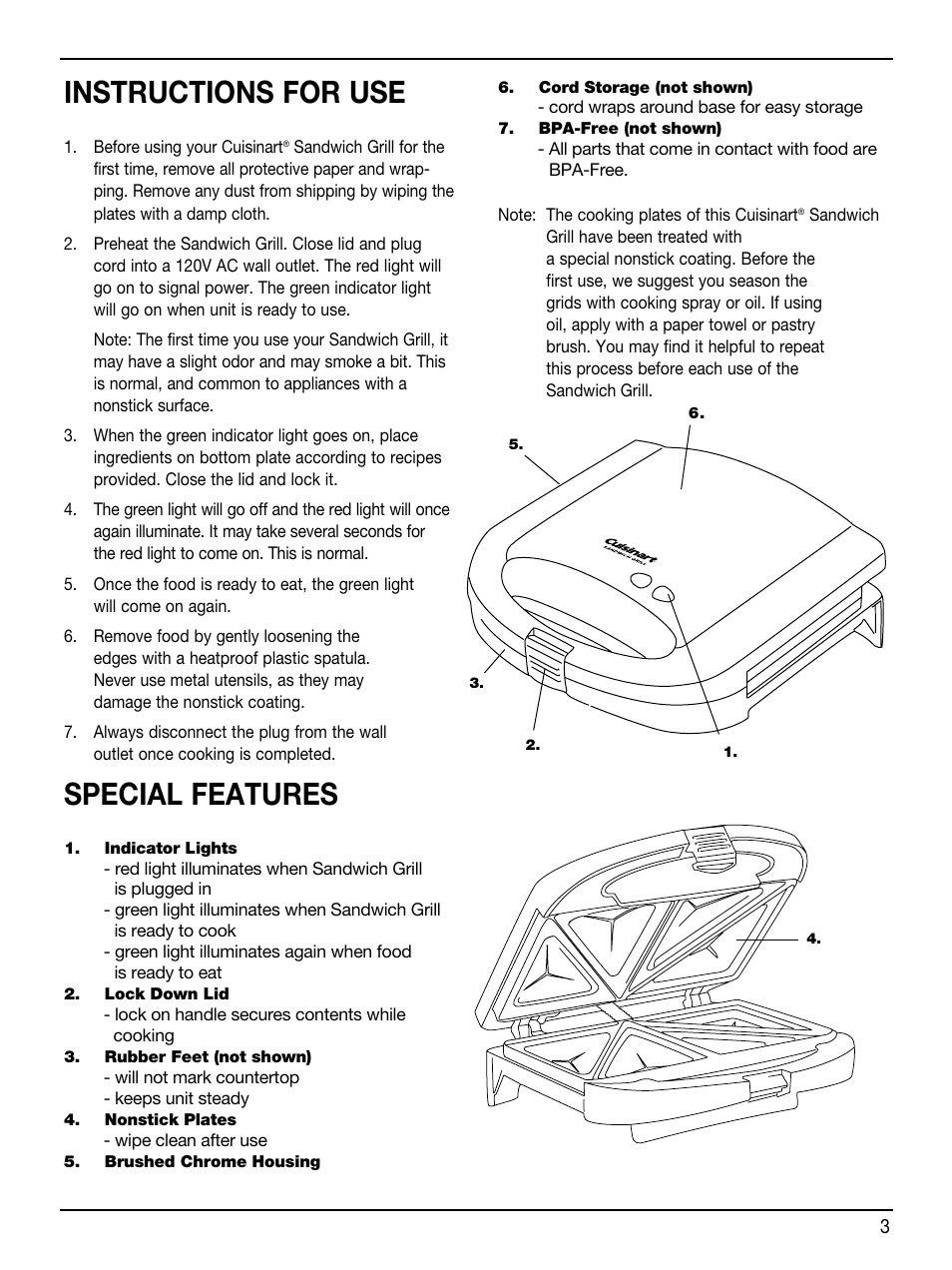Instructions for use, Special features | Cuisinart Sandwich Grill WM-SW2 User Manual | Page 3 / 8