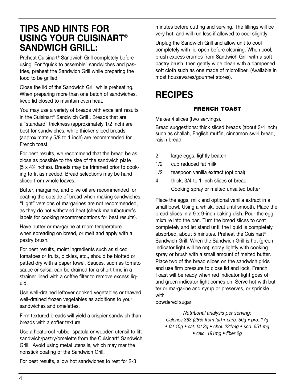 Tips and hints for using your cuisinart, Sandwich grill, Recipes | Cuisinart Sandwich Grill WM-SW2 User Manual | Page 4 / 8