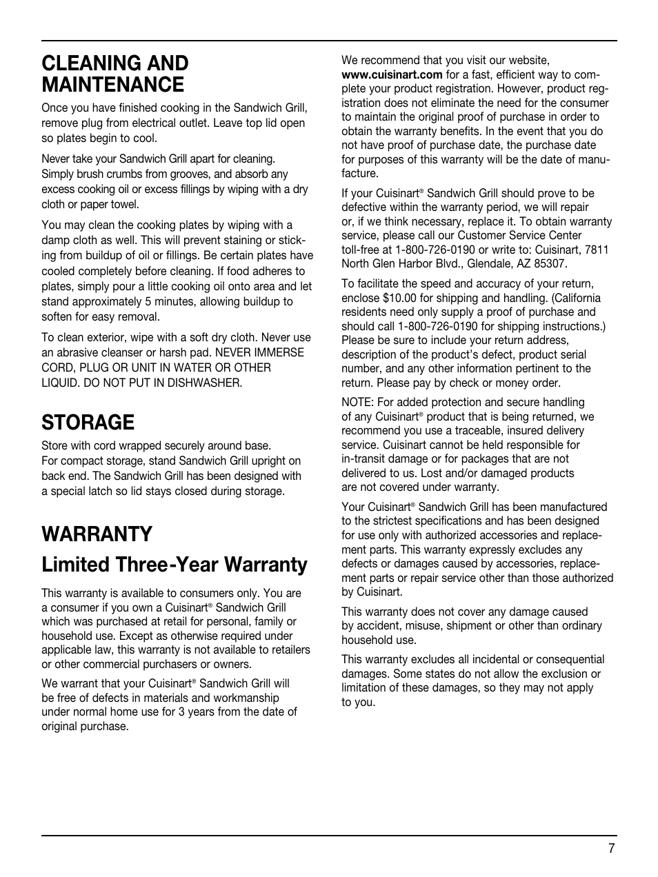 Cleaning and maintenance, Storage, Warranty limited three-year warranty | Cuisinart Sandwich Grill WM-SW2 User Manual | Page 7 / 8