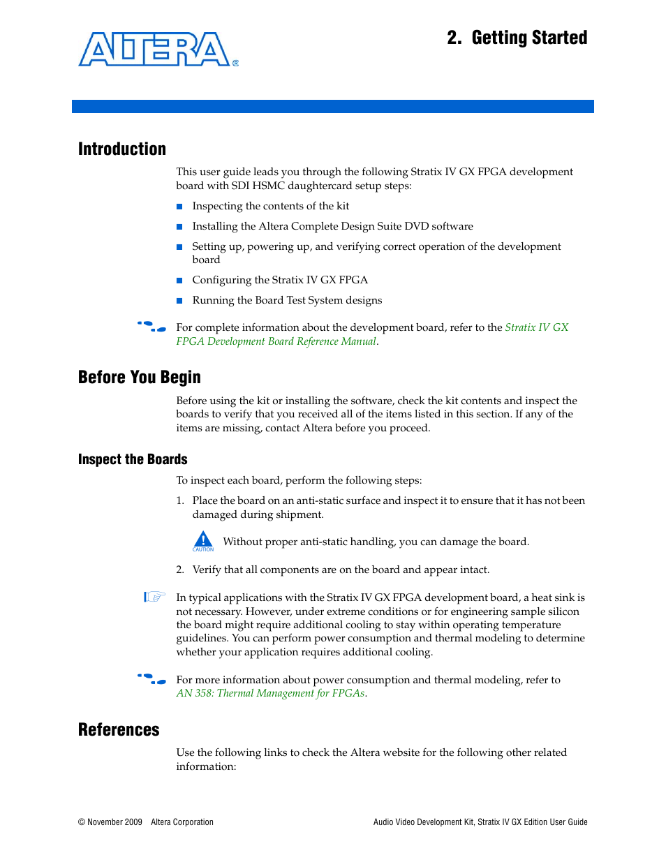 Getting started, Introduction, Before you begin | Inspect the boards, References | Altera Audio Video Development Kit, Stratix IV GX Edition User Manual | Page 11 / 58