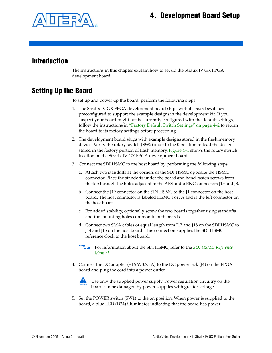 Development board setup, Introduction, Setting up the board | Altera Audio Video Development Kit, Stratix IV GX Edition User Manual | Page 17 / 58