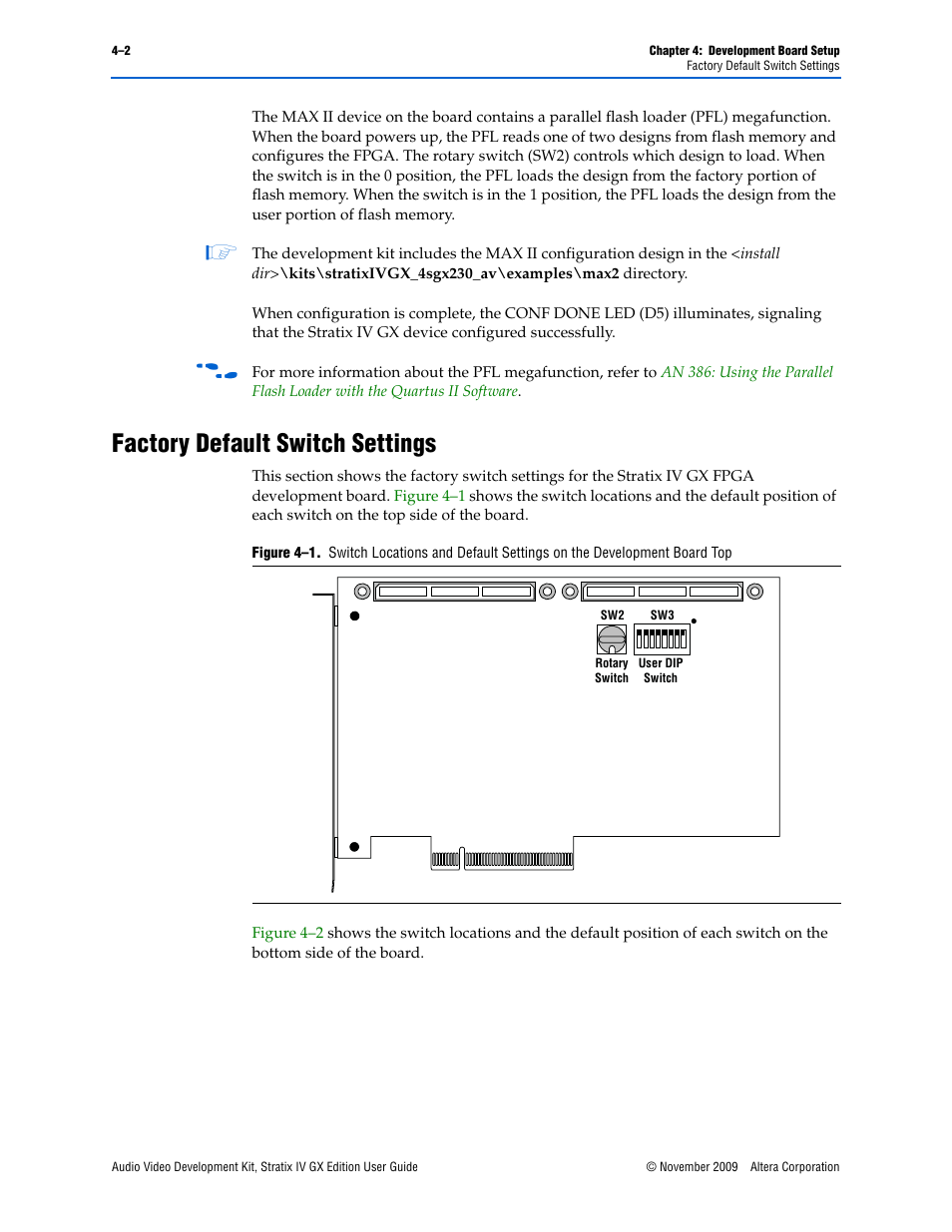 Factory default switch settings, Figure 4–1 | Altera Audio Video Development Kit, Stratix IV GX Edition User Manual | Page 18 / 58