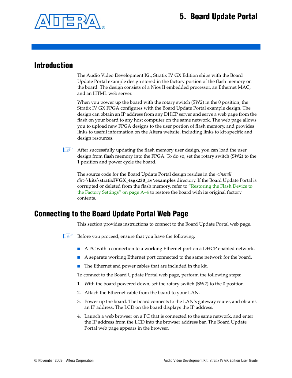 Board update portal, Introduction, Connecting to the board update portal web page | Altera Audio Video Development Kit, Stratix IV GX Edition User Manual | Page 21 / 58