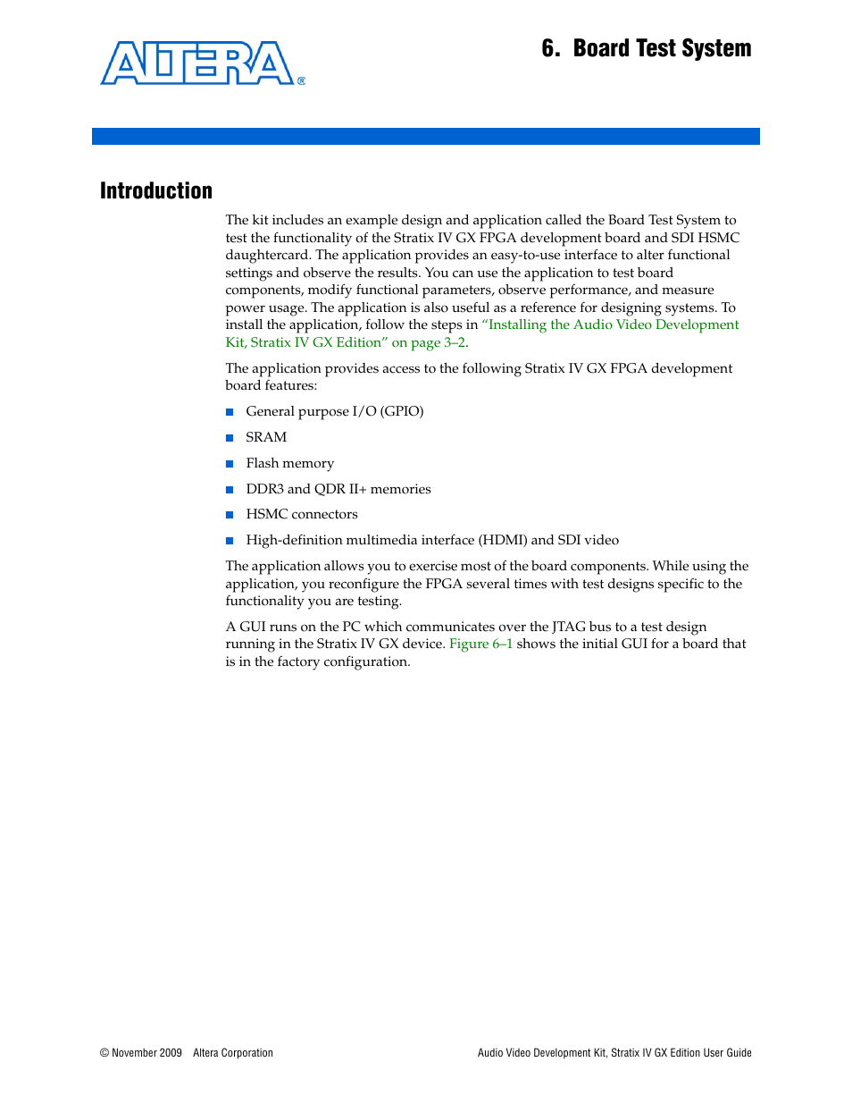 Board test system, Introduction | Altera Audio Video Development Kit, Stratix IV GX Edition User Manual | Page 23 / 58