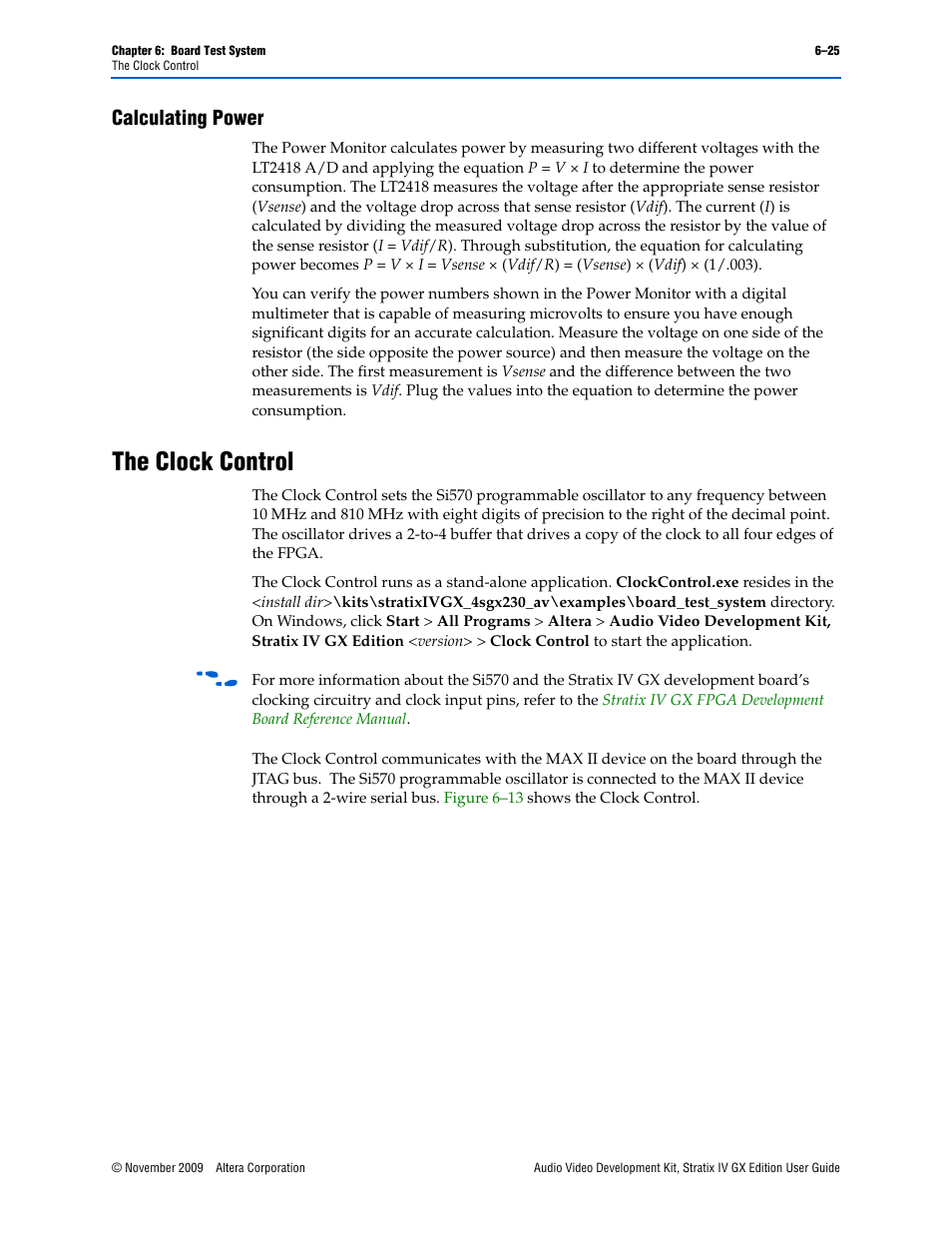 Calculating power, The clock control | Altera Audio Video Development Kit, Stratix IV GX Edition User Manual | Page 47 / 58