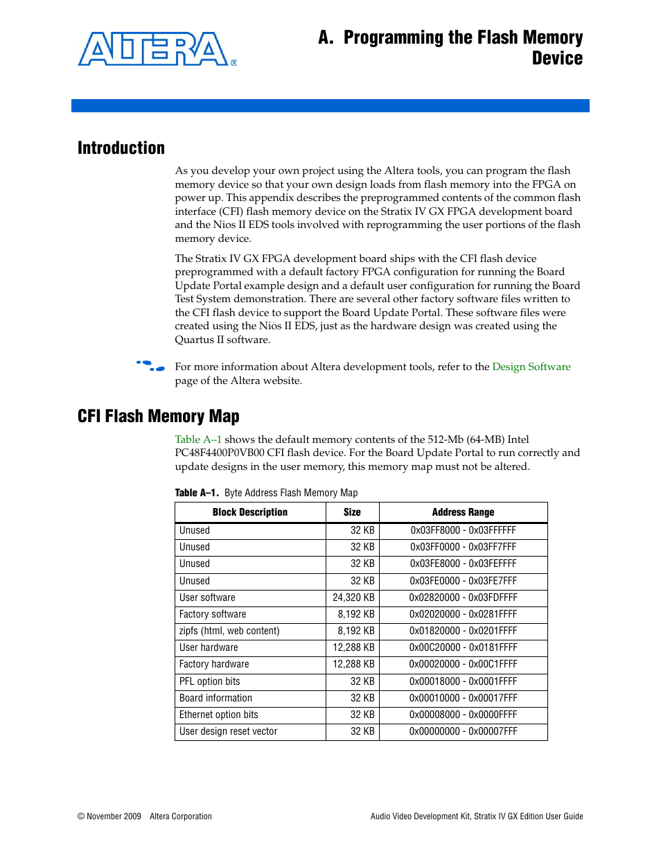 A. programming the flash memory device, Introduction, Cfi flash memory map | Altera Audio Video Development Kit, Stratix IV GX Edition User Manual | Page 51 / 58